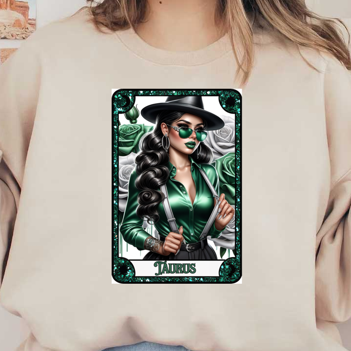 This artistic portrayal of Taurus features a stylish woman in a green blouse, black hat, and sunglasses, surrounded by roses.