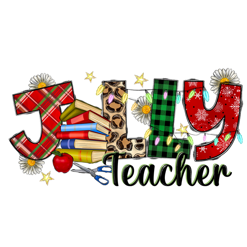 A colorful and playful design featuring the text "Jolly Teacher" adorned with books, flowers, and festive elements.DTF Transfers heat press transfersdtf regular iron