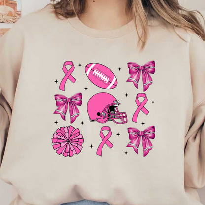 A vibrant collection of pink-themed sports icons featuring helmets, footballs, bows, ribbons, and a cheerleading pom-pom. heat press transfers