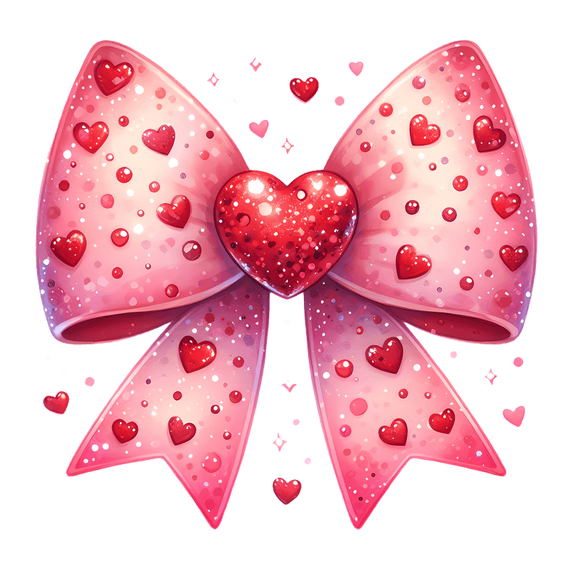 A vibrant pink bow adorned with sparkling red hearts and glitter, perfect for celebrating love and special occasions.DTF Transfers