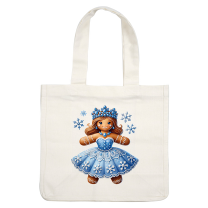 A charming gingerbread girl adorned in a sparkling blue dress, complete with a snowflake crown and frosty accents.DTF Transfers dtf transfers