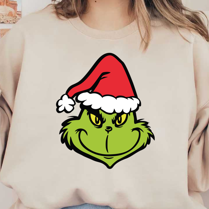 Cheerfully mischievous, this iconic Grinch face dons a classic red Santa hat, perfect for holiday spirit with a playful twist!DTF Transfers dtf transfers dtf transfers