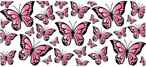 A vibrant design featuring numerous pink butterflies, creating a whimsical and lively atmosphere.UV Transfers dtf transfers