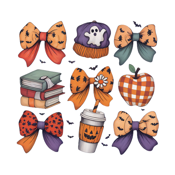 Una linda colección de artículos con temática de Halloween que incluye lazos vibrantes, un sombrero de fantasma, libros, una bebida de calabaza y una manzana.