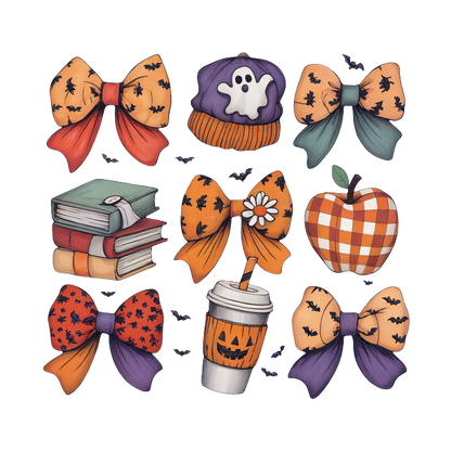 Una linda colección de artículos con temática de Halloween que incluye lazos vibrantes, un sombrero de fantasma, libros, una bebida de calabaza y una manzana.