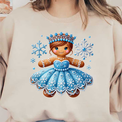 A charming gingerbread girl in a sparkling blue dress adorned with snowflakes, complete with a festive crown and cheerful expression.DTF Transfers dtf transfers