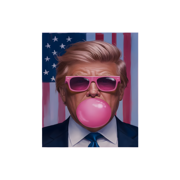 A playful portrait featuring a man with blonde hair, pink sunglasses, and a bubblegum bubble, set against an American flag backdrop. dtf transfers