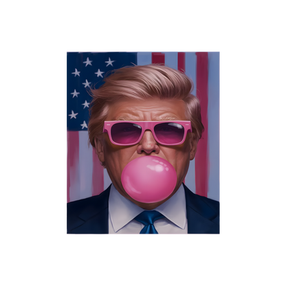 A playful portrait featuring a man with blonde hair, pink sunglasses, and a bubblegum bubble, set against an American flag backdrop. dtf transfers