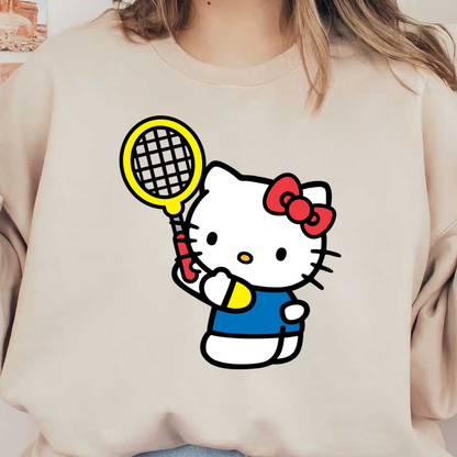 Hello Kitty is playfully holding a yellow magnifying glass, wearing a blue dress and her signature red bow, with a friendly expression.DTF Transfers