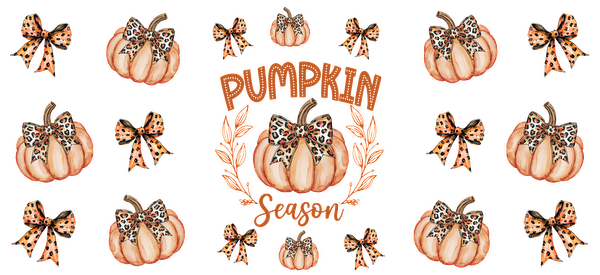 A vibrant fall-themed design featuring decorative pumpkins and leopard-print bows, celebrating the whimsical spirit of "Pumpkin Season."UV Transfers dtf prints