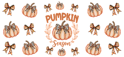 A vibrant fall-themed design featuring decorative pumpkins and leopard-print bows, celebrating the whimsical spirit of "Pumpkin Season."UV Transfers dtf prints