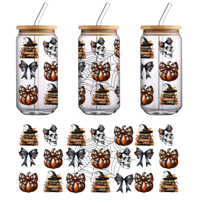 A festive collection featuring skulls, pumpkins with bows, and stacked books, perfect for Halloween-themed designs.UV Transfersdtf regular iron