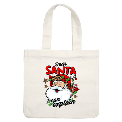 Un divertido diseño navideño que presenta a Papá Noel con un gorro con estampado de leopardo y la frase "Santa, puedo explicarlo".