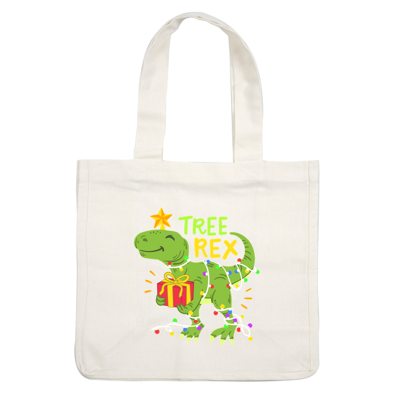 Meet Tree Rex, a fun dinosaur character wrapped in colorful Christmas lights, holding a gift with a star on its head!DTF Transfers dtf transfers dtf prints