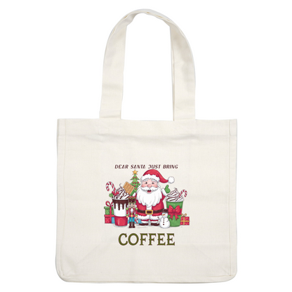 A cheerful Santa surrounded by festive treats, Christmas decorations, and the humorous message, "Dear Santa, just bring coffee." heat press transfers