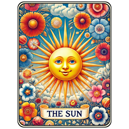 Una ilustración vibrante del sol rodeado de flores y nubes coloridas, con una cara sonriente alegre y rayos llamativos.