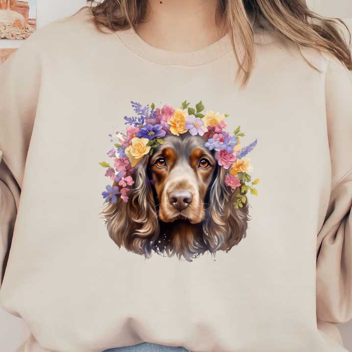 Una encantadora ilustración de un perro con una corona floral colorida, que transmite una expresión cálida y amistosa.