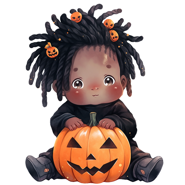 A cute child with playful dreadlocks and pumpkin accessories sits happily with a carved Halloween pumpkin. dtf transfers