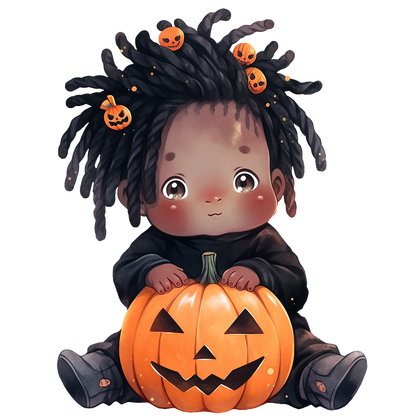 A cute child with playful dreadlocks and pumpkin accessories sits happily with a carved Halloween pumpkin. dtf transfers