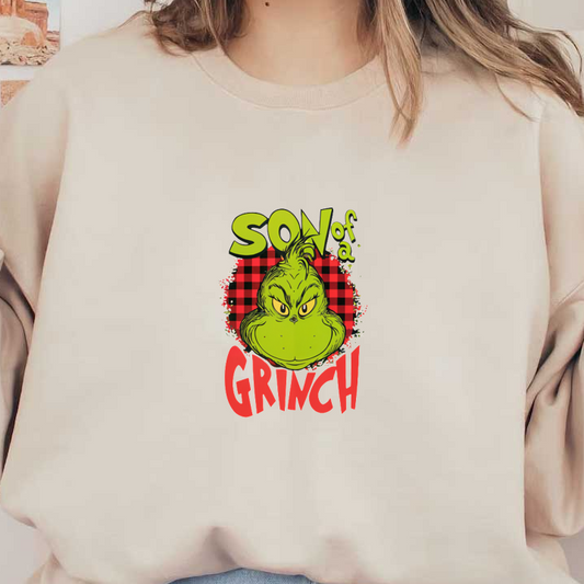 Fun graphic featuring the Grinch with the caption "Son of a Grinch," set against a festive plaid background.DTF Transfersdtf regular iron