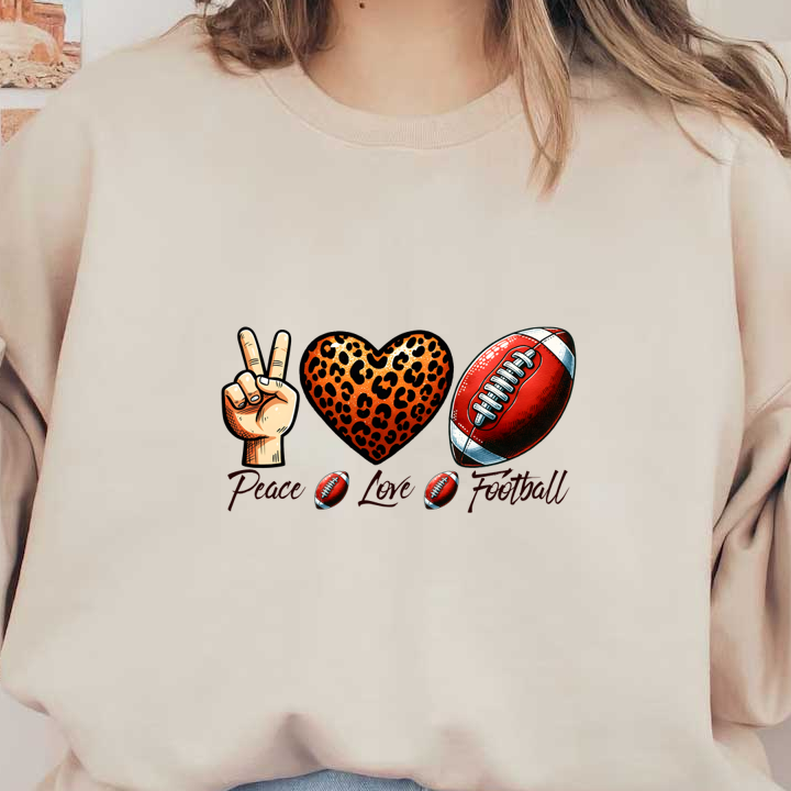 Un gráfico vibrante que presenta un símbolo de la paz, un corazón con estampado de leopardo y una pelota de fútbol, ​​celebrando la "Paz, el amor y el fútbol".