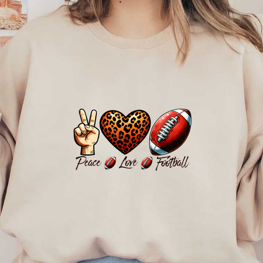 Un gráfico vibrante que presenta un símbolo de la paz, un corazón con estampado de leopardo y una pelota de fútbol, ​​celebrando la "Paz, el amor y el fútbol".