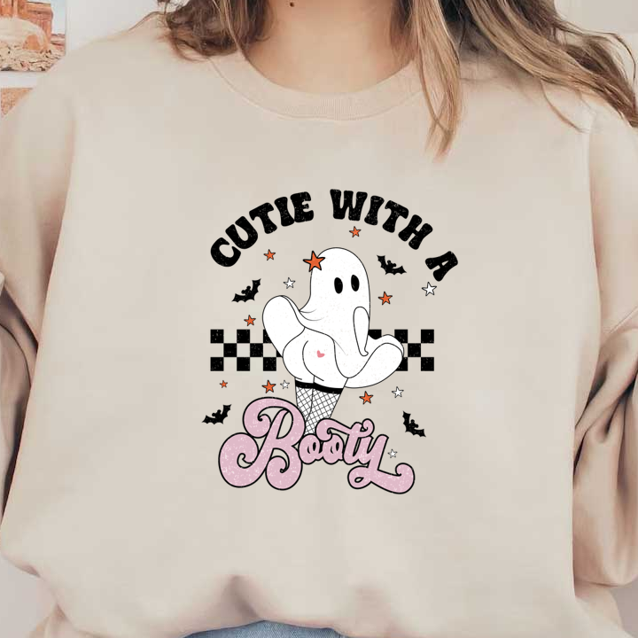 Playful ghost illustration with a cheeky pose, featuring a fishnet pattern and the fun slogan "Booty" in pink. dtf prints