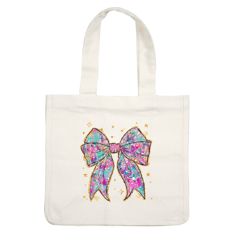 A vibrant and playful graphic bow with a colorful, abstract design and a sparkling gold outline, perfect for adding a fun touch.DTF Transfers dtf prints