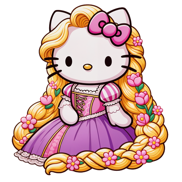 A charming Hello Kitty character styled as Rapunzel, featuring long braided hair adorned with flowers and a lovely purple dress.DTF Transfers dtf prints