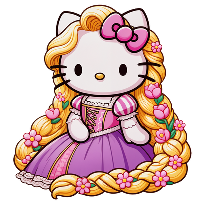 A charming Hello Kitty character styled as Rapunzel, featuring long braided hair adorned with flowers and a lovely purple dress.DTF Transfers dtf prints