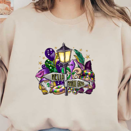 Celebrate Mardi Gras with this festive illustration featuring whimsical gnomes, vibrant beads, and a cheerful street sign adorned with colorful accents!DTF Transfers