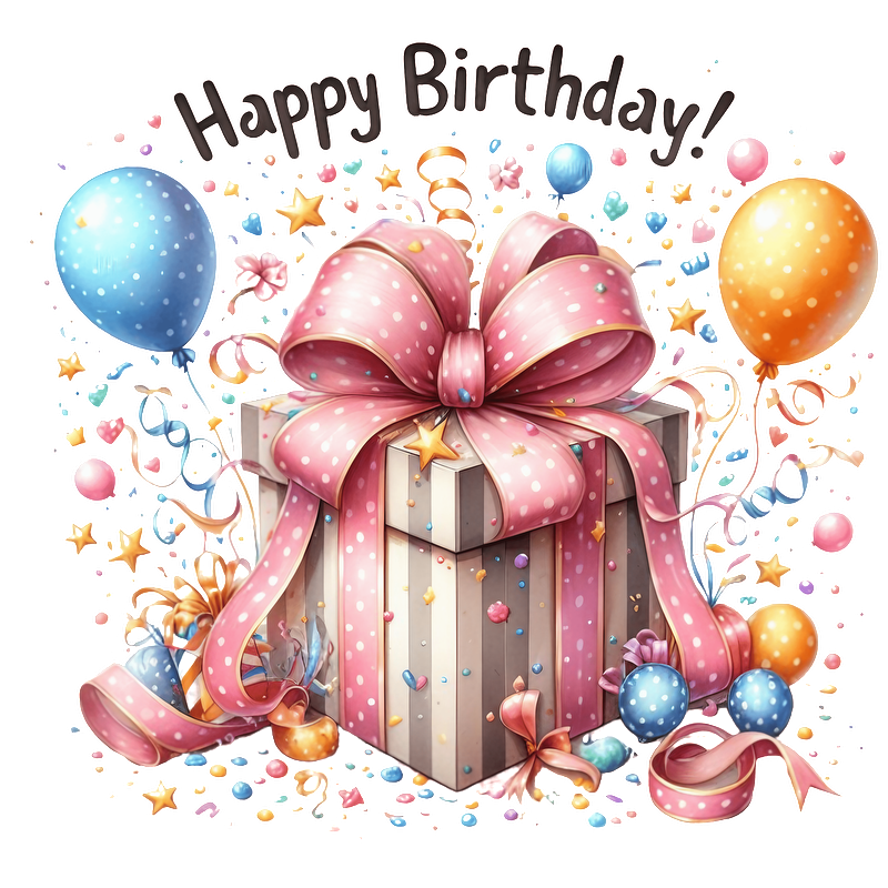 A colorful birthday gift box adorned with a large pink bow and surrounded by festive balloons and confetti, celebrating joyfully!DTF Transfers