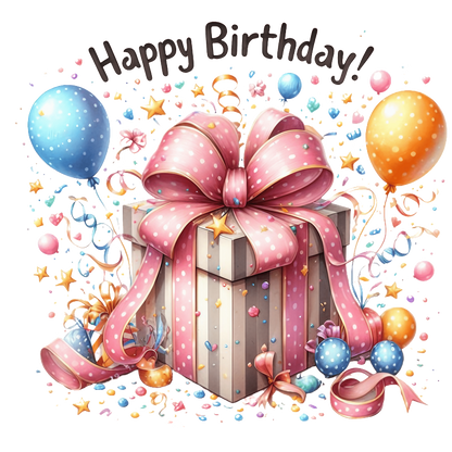 A colorful birthday gift box adorned with a large pink bow and surrounded by festive balloons and confetti, celebrating joyfully!DTF Transfers