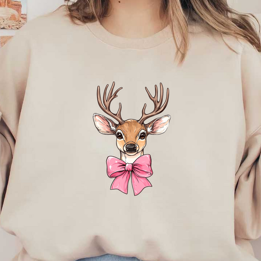 A charming illustration of a deer with antlers, adorned with a cute pink bow, capturing a playful and whimsical vibe.dtf regular iron