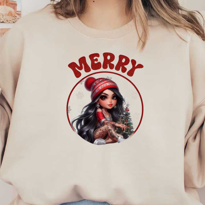 Cheerful Christmas design featuring a girl in a festive outfit, surrounded by holiday elements and the greeting "Merry Christmas." dtf prints