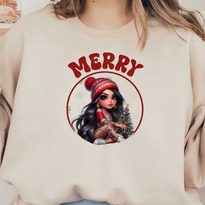Cheerful Christmas design featuring a girl in a festive outfit, surrounded by holiday elements and the greeting "Merry Christmas." dtf prints