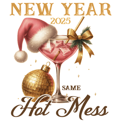 Celebrate New Year's 2025 with a playful design featuring a festive cocktail, Santa hat, and a shimmering disco ball!DTF Transfers