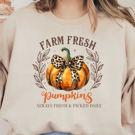 A charming illustration featuring a farm-fresh pumpkin adorned with a stylish leopard-print bow, perfect for autumn decor.dtf regular iron