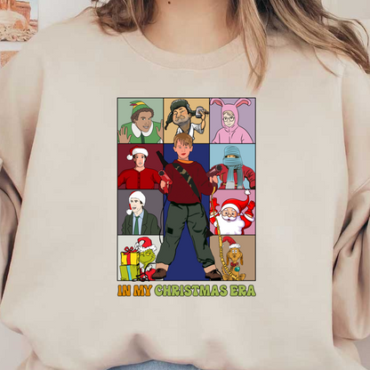 A colorful, animated collage featuring iconic Christmas characters and scenes, centered around a boy holding toy guns and microphones.DTF Transfers dtf transfers heat press transfers