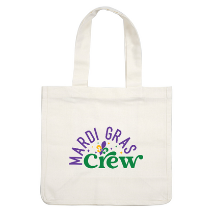 Vibrant "Mardi Gras Crew" graphic featuring colorful lettering and a playful design with festive elements, perfect for celebrations!DTF Transfers