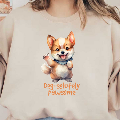 Esta alegre ilustración presenta un lindo Corgi saludando con una expresión juguetona, acompañado por el texto "Dog-ssolutely Pawsome".