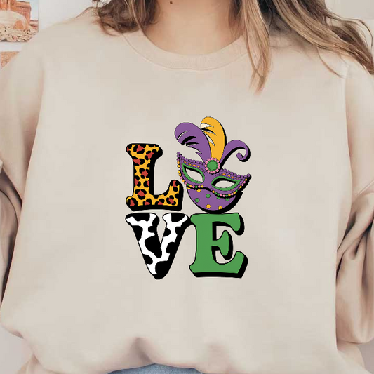 Colorful and playful design featuring the word "LOVE," incorporating animal prints and a festive mask. Great for celebrations!DTF Transfers