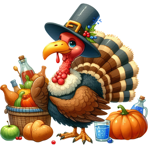 A cheerful cartoon turkey wearing a hat, surrounded by pumpkins, fruits, and beverages, celebrating a festive harvest theme. dtf transfers