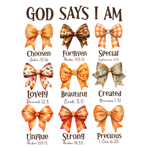 A colorful display of bows, each labeled with affirmations like "Chosen," "Forgiven," and "Loved," promoting positive self-identity. heat press transfers