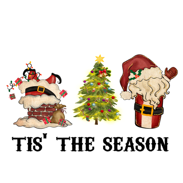 A whimsical Christmas scene featuring Santa in a chimney, a decorated Christmas tree, and Santa's jolly face. dtf transfers