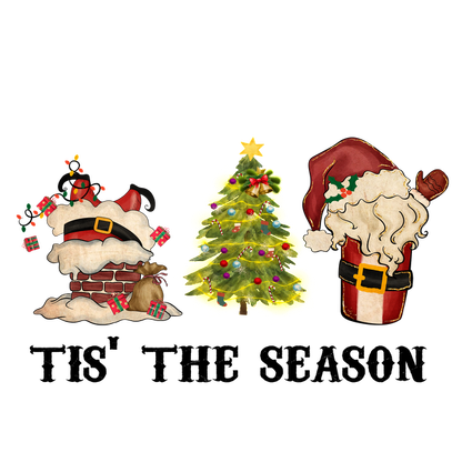 A whimsical Christmas scene featuring Santa in a chimney, a decorated Christmas tree, and Santa's jolly face. dtf transfers