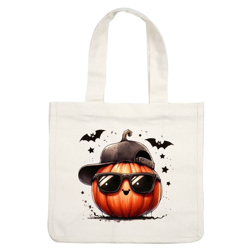 Meet this stylish pumpkin donning a black cap and cool sunglasses, exuding cheerful Halloween vibes with a playful smile! heat press transfers