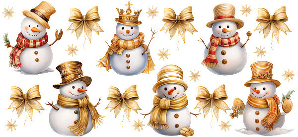 A cheerful collection of snowmen in festive hats and scarves, accompanied by golden bows and autumn leaves, perfect for holiday decor.UV Transfers dtf prints