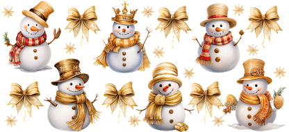 A cheerful collection of snowmen in festive hats and scarves, accompanied by golden bows and autumn leaves, perfect for holiday decor.UV Transfers dtf prints