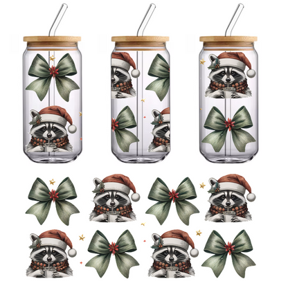 A whimsical holiday-themed design featuring cheerful raccoons in Santa hats surrounded by festive bows and stars.UV Transfers dtf prints